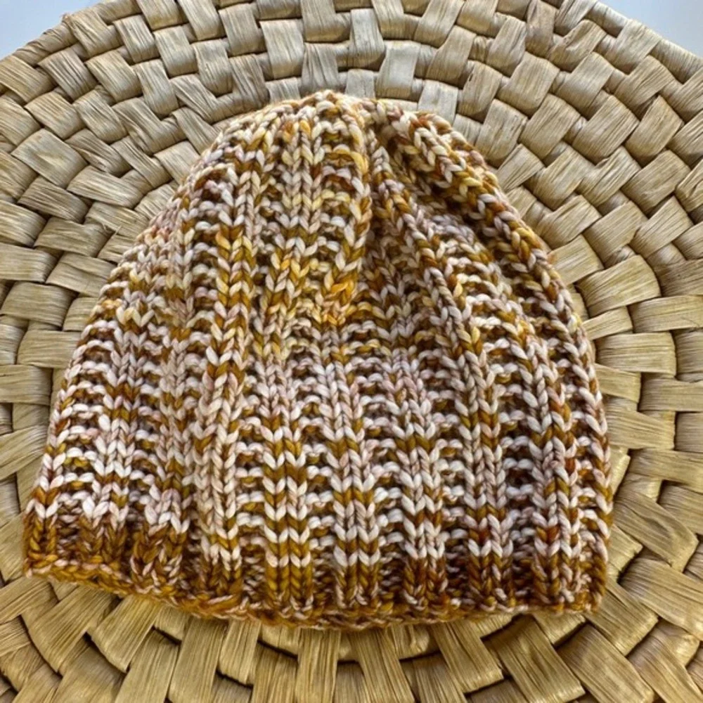 Kids Knit Beanie Hat Striped‎ Ribbed Gold White Winter Warm Soft Cap handmade